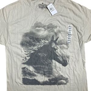 Goodie Two Sleeves T-Shirt Men’s M Beige Unicorn Clouds Artsy B&W Graphic Scenic